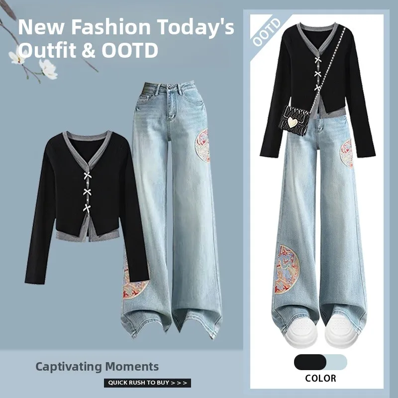

Spring Women's Denim Pants Set Embroidered Long Sve Top Casual Loose Fit Two-Piece Suit National Sle V-Ne Long Pants