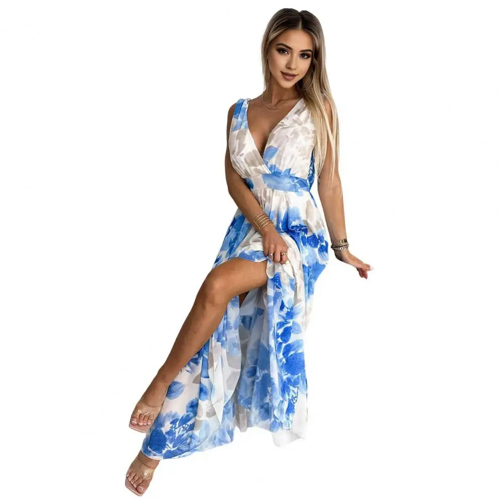 

Women Polyester Dress Elegant Women's V-neck Maxi Dress for Summer Vacation Beach Parties Sleeveless Casual Printed Dress for A