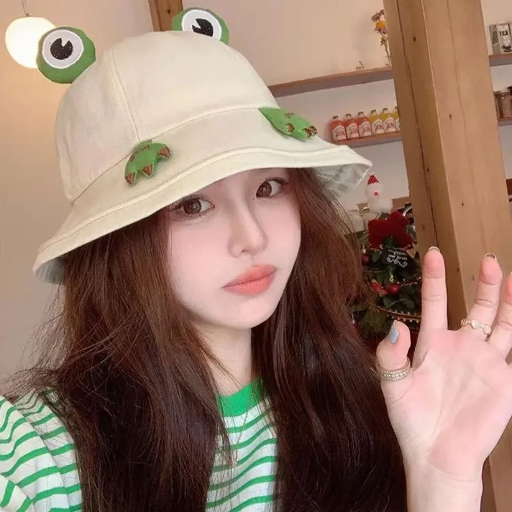 New Cute Frog-Shaped Cartoon Frog Bucket Hat Foldable Big Eyes Pattern Fisherman Hats Cotton Funny Basin Hats Summer