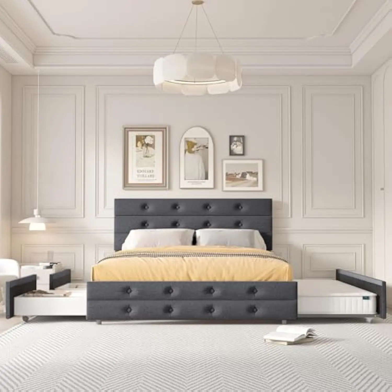 Upholstered Queen Size Platform Bed Frame with Storage Drawers and Trundle Bed, Button Tufted Headboard, Mattress Foundation wi