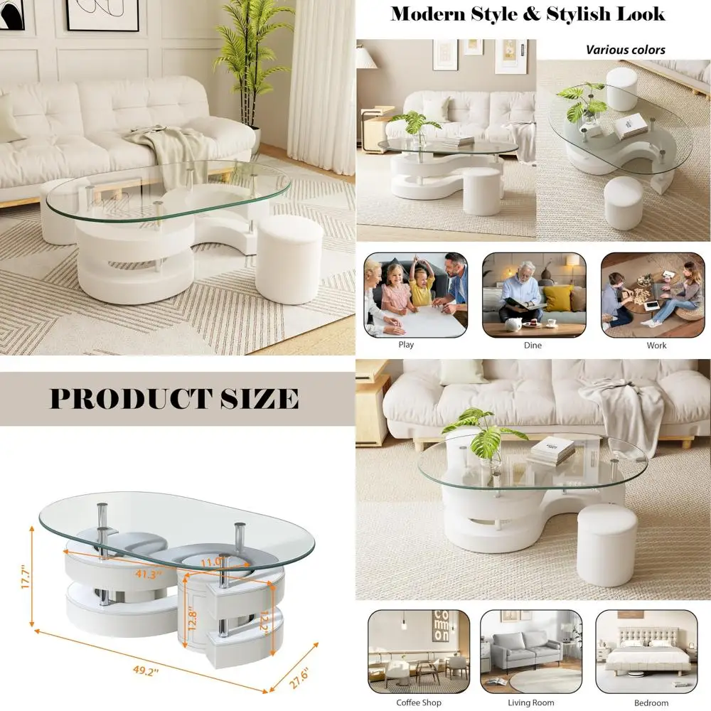 

овальный стеклянный журнальный столик, комплект из 3 столешниц из закаленного стекла диаметром 0,39 дюйма и основанием s, современный центральный стол с 2 кожаными табуретками, акцент c