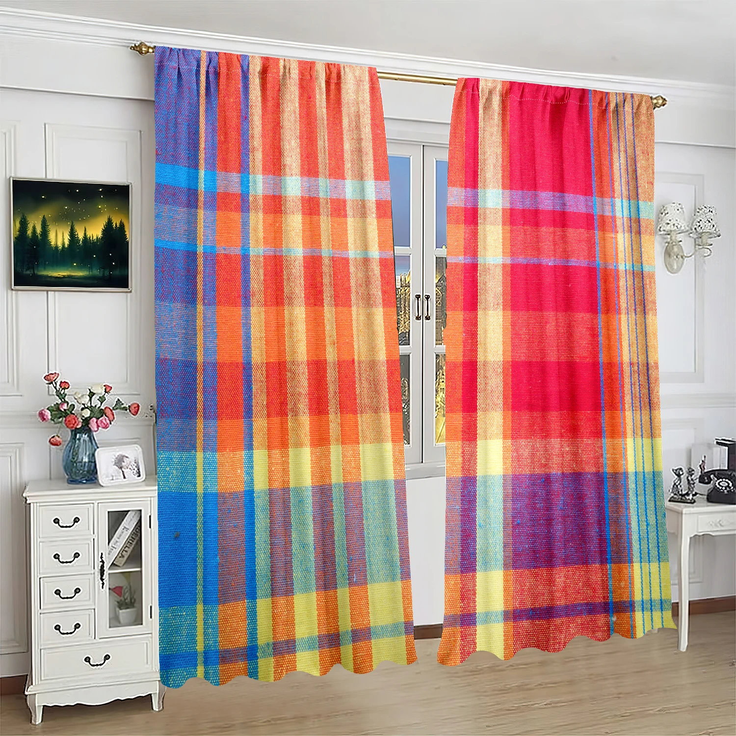 

2 pieces Color stripe check print curtains Polyester material Bedroom living room study private curtains - customizable patterns