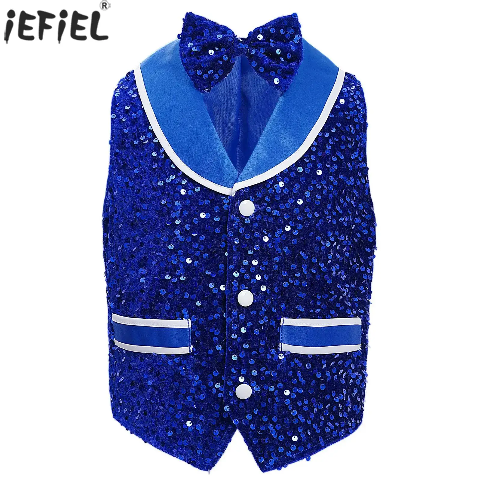 Kids Boys Girls Jazz Hip Hop Dance Party Performance Costume Shiny Sequins Buttons Vest Waistcoat with Bowtie Stage Dancewear