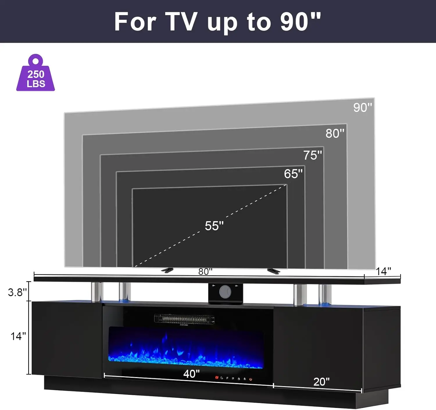 80" Fireplace TV Stand Modern High Gloss Finish Media Console with 40" Electric Fireplace Open Storage Entertainment Center