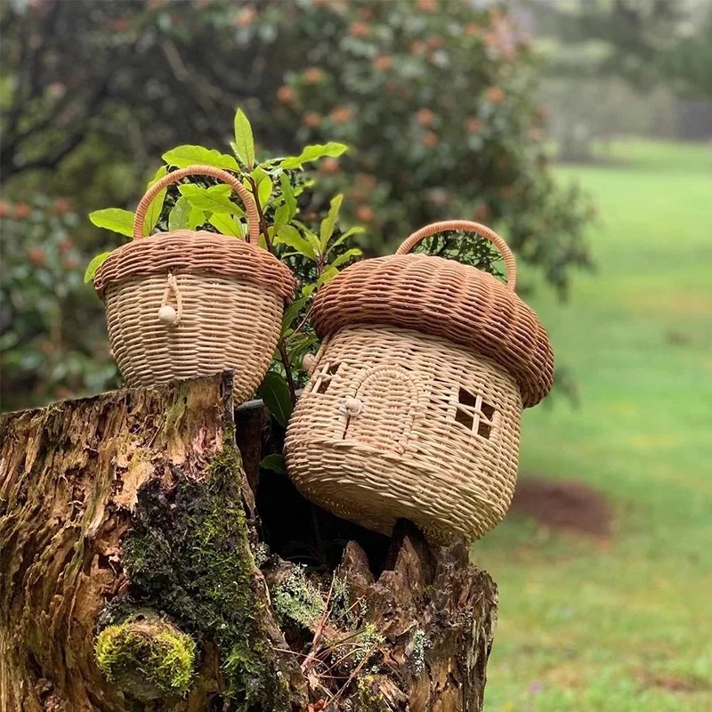 

Handmade Mushroom Shape Basket Decorative Real Rattan Woven Baskets Girls Room Decor Picnic Basket For Kids Photography Props