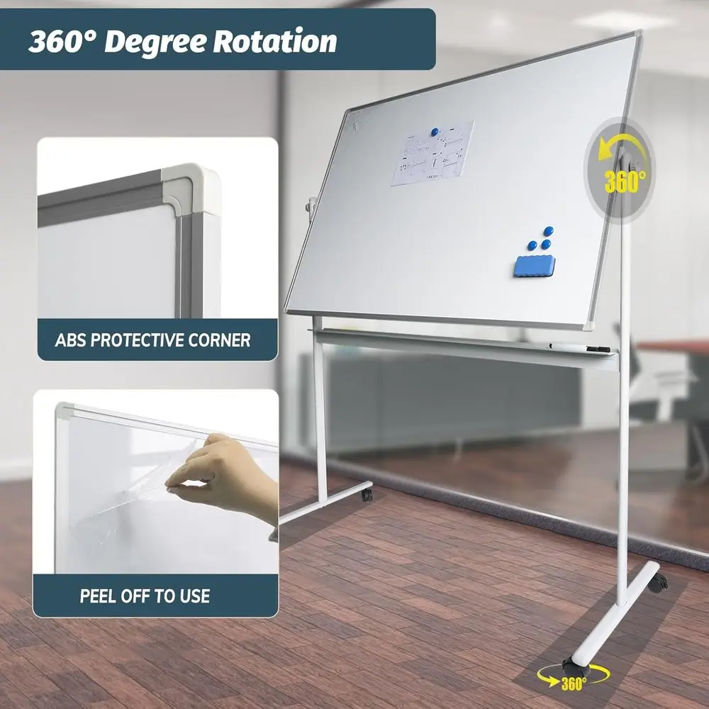 سبورة بيضاء مزدوجة الوظائف مقاس 48 × 36 مع سطح مغناطيسي و4 عجلات، وحامل مخطط قابل للطي، والمسح الجاف ولوحة الإعلانات