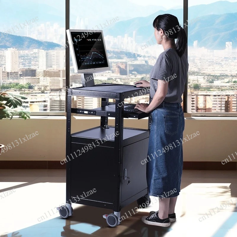 Pneumatic Lift Computer Cart - Adjustable Display Bracket, Desktop Lifting & Rotating Workbench Trolley for Server Room