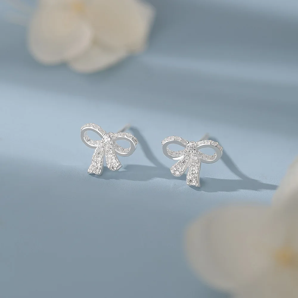 S999 Pure Silver Bow Stud Earrings Sweet Cute Style Fashion Ear Jewelry Lovely Ear Accessories for Women Girls Daily Wear