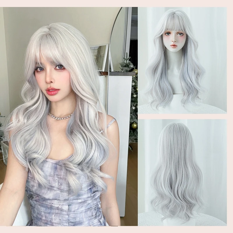 

61CM Wig Women Air Bangs Long Curly Hair Large Waves Silver Blue Fashion Chemical Fiber Wig Natural Full Headset Simulation Wig