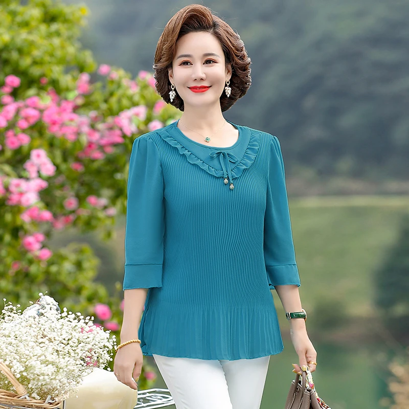 

Pink Blouse Women Chiffon Ruffles Solid Loose Fit Womens Tops And Blouses Casual O Neck Flare Sleeve Plus Size Shirts Tunic