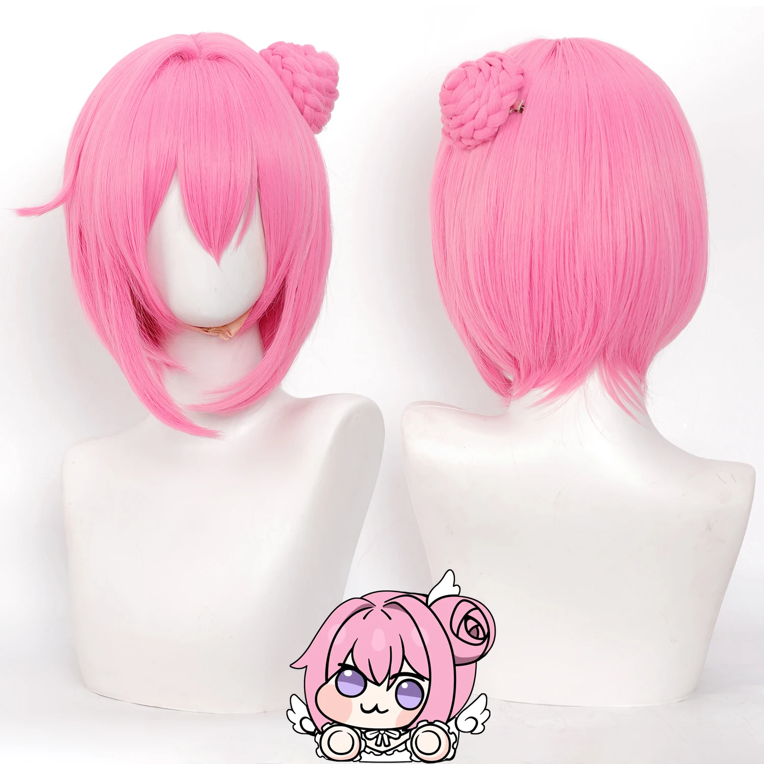 

Короткий парик для косплея 32 см, ярко-розовый, с отстегивающимся пучком, термостойкий, из синтетического волокна, для вечеринок и косплея персонажей