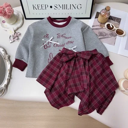 American Style Spring Baby Girls 2PCS Clothes Set 3D Bow Letter Print Hoodie Suits Retro Irregular Plaid Half Body Skirt Outfits