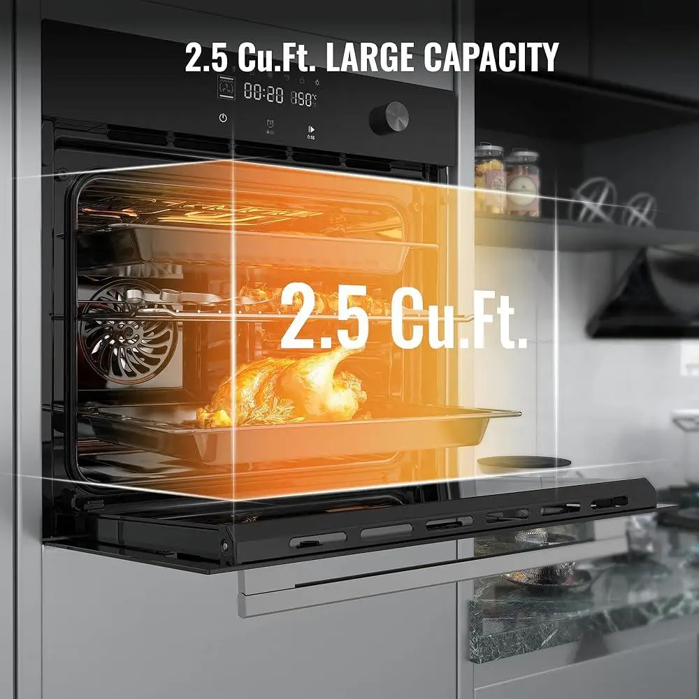 Horno eléctrico de pared de convección de 24 pulgadas, 3000W, Control de pantalla táctil, 8 funciones de cocción, puerta de vidrio extraíble de fácil limpieza