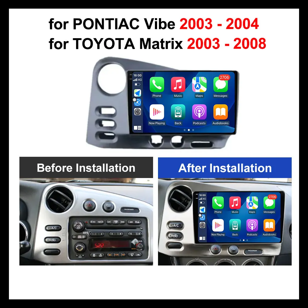 Autoradio Android Intelligent, Audio Stéréo, 4G, BT, Lecteur Vidéo, pour Voiture Pontiac Vibe (2003-2004), TOYOTA Matrix (2003-2008)