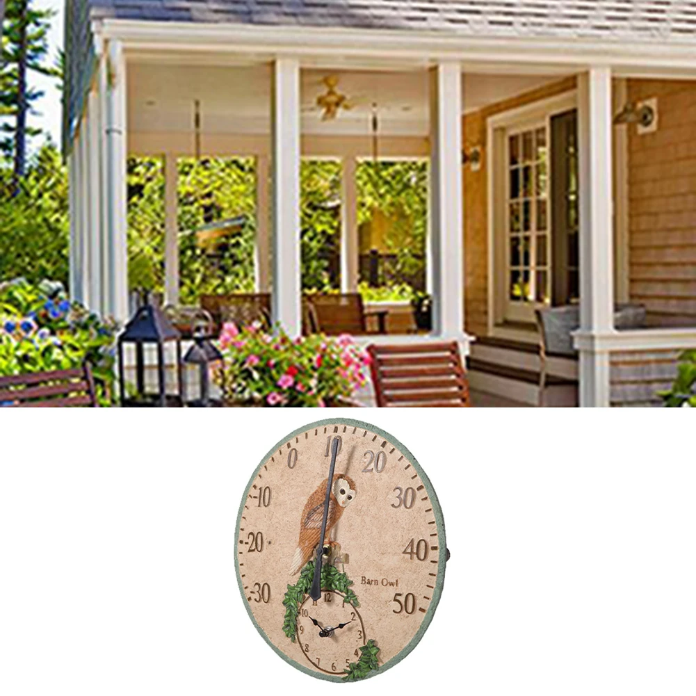 Outdoor Indoor 12inch Garden Wall Station Clock with Vintage Bird Motif Silent Movement and Temperature Display for Home Decor