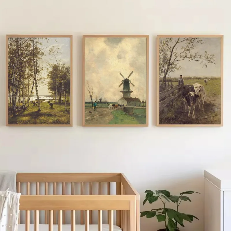 Vintage European Countryside Meadow River Forest Farm Landscape Cows Poster Canvas Painting Wall Art Pictures Home Decor
