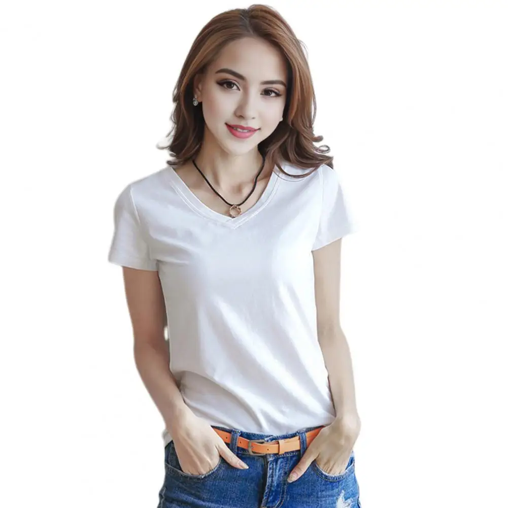 Women T-shirt Stylish Women's V-neck Summer T-shirt Slim Fit Solid Color Pullover Tops for Streetwear Fashionistas Summer Slim
