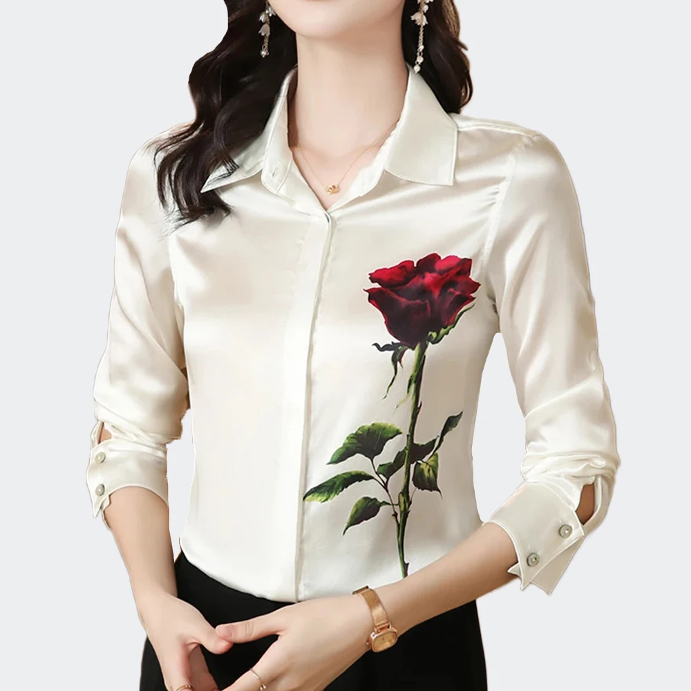 Fashion Flower Printed Blouses Women 2024 Elegant Korean Style Women's Shirts Office Lady Long Sleeve Satin Shirts Tops Clothes