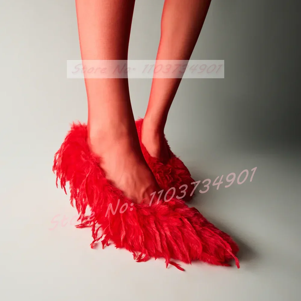 Fuzzy Feather Pumps Women Wedding Feminine Fur Pointy Toe Slip-On High Heels Shoes Ladies Fashion Elegant Party Evening Pumps