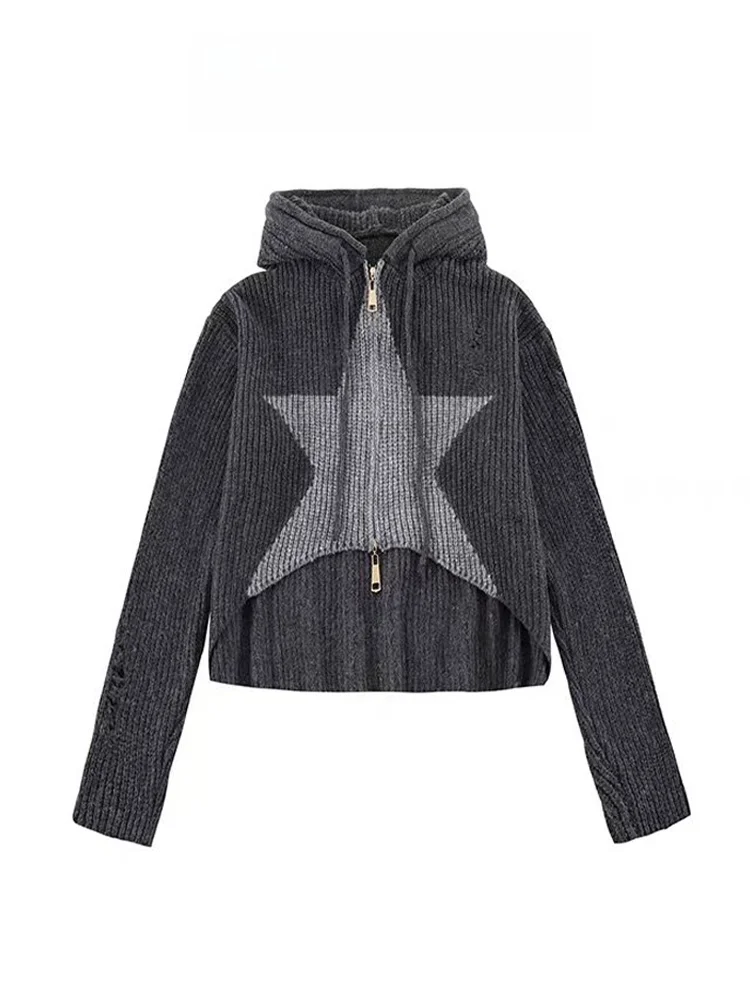 

Spring Autumn Star Design Zipper Knitted Sweater Women's Loose Lazy Hot Girl Hoodie Jacket Short Length Long Sleeve Cardigan