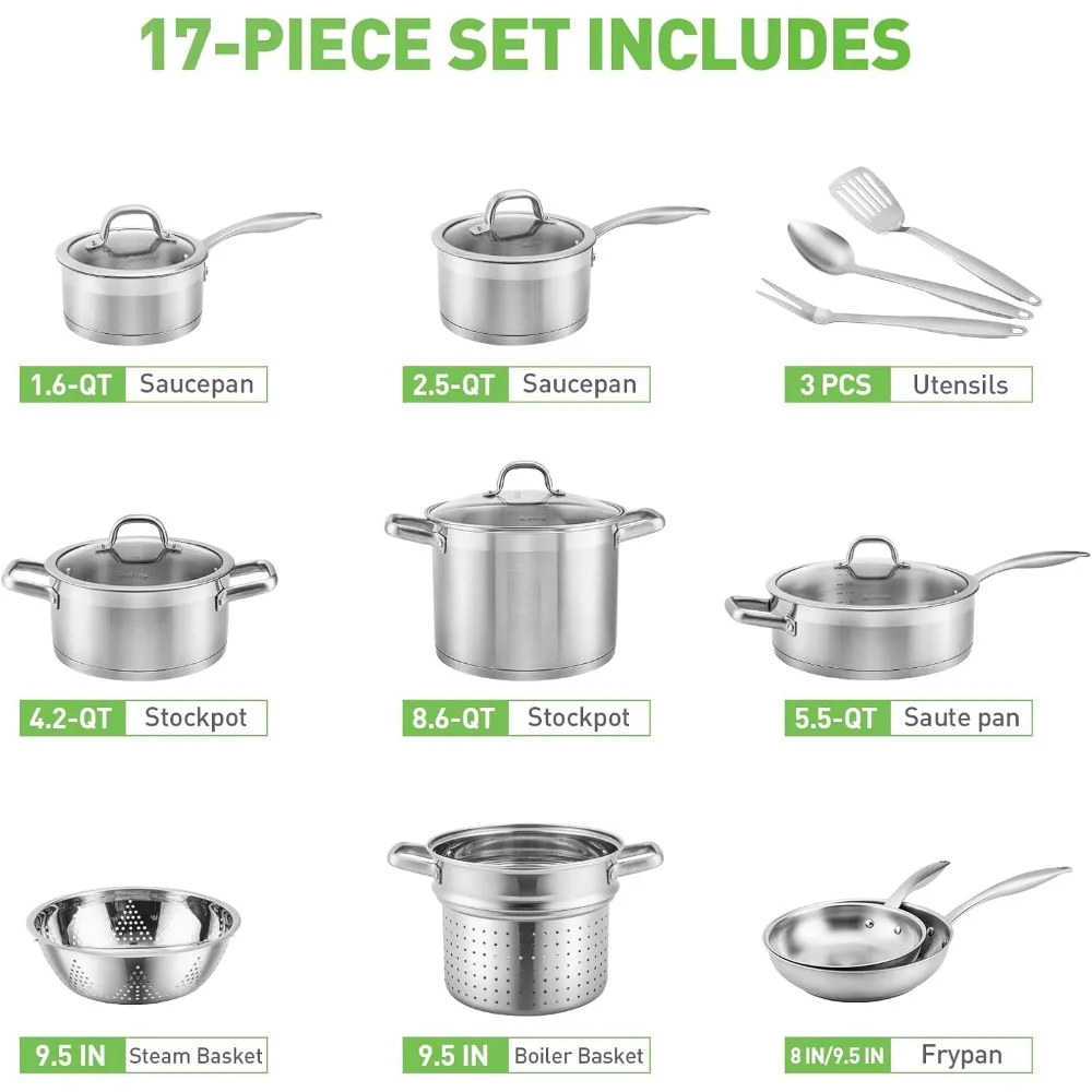 Professional Stainless Steel Pots and Pans Set, 17PC Induction Cookware Set, Impact-bonded Technology
