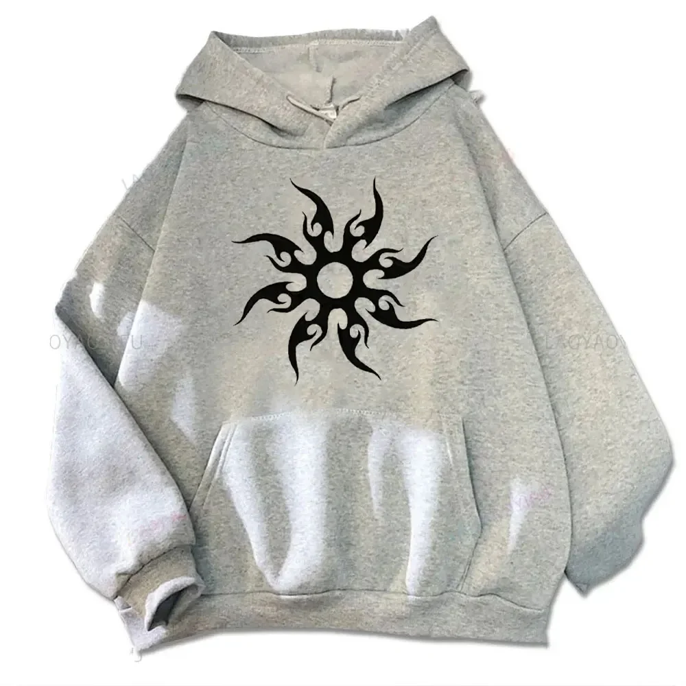 Streetwear Hoodie, Unisex Kapuzenpullover mit Kordelzug, Tribal-Sonnenflammen-Symbol auf der Vorderseite, lässiger Langarm-Pullover