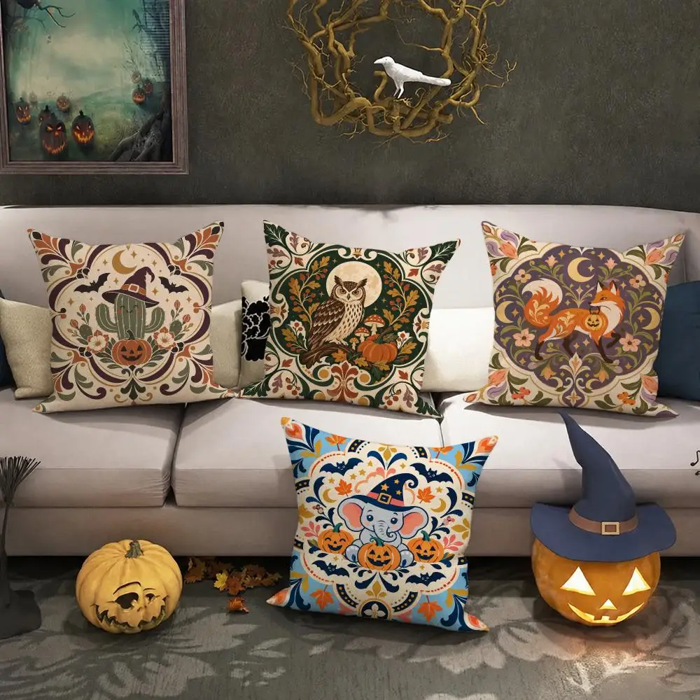 Rustic Spooky Folk Art Cushion Cover Halloween decoration trick or treat cushion cover, ghost, pumpkin head, bat decoration