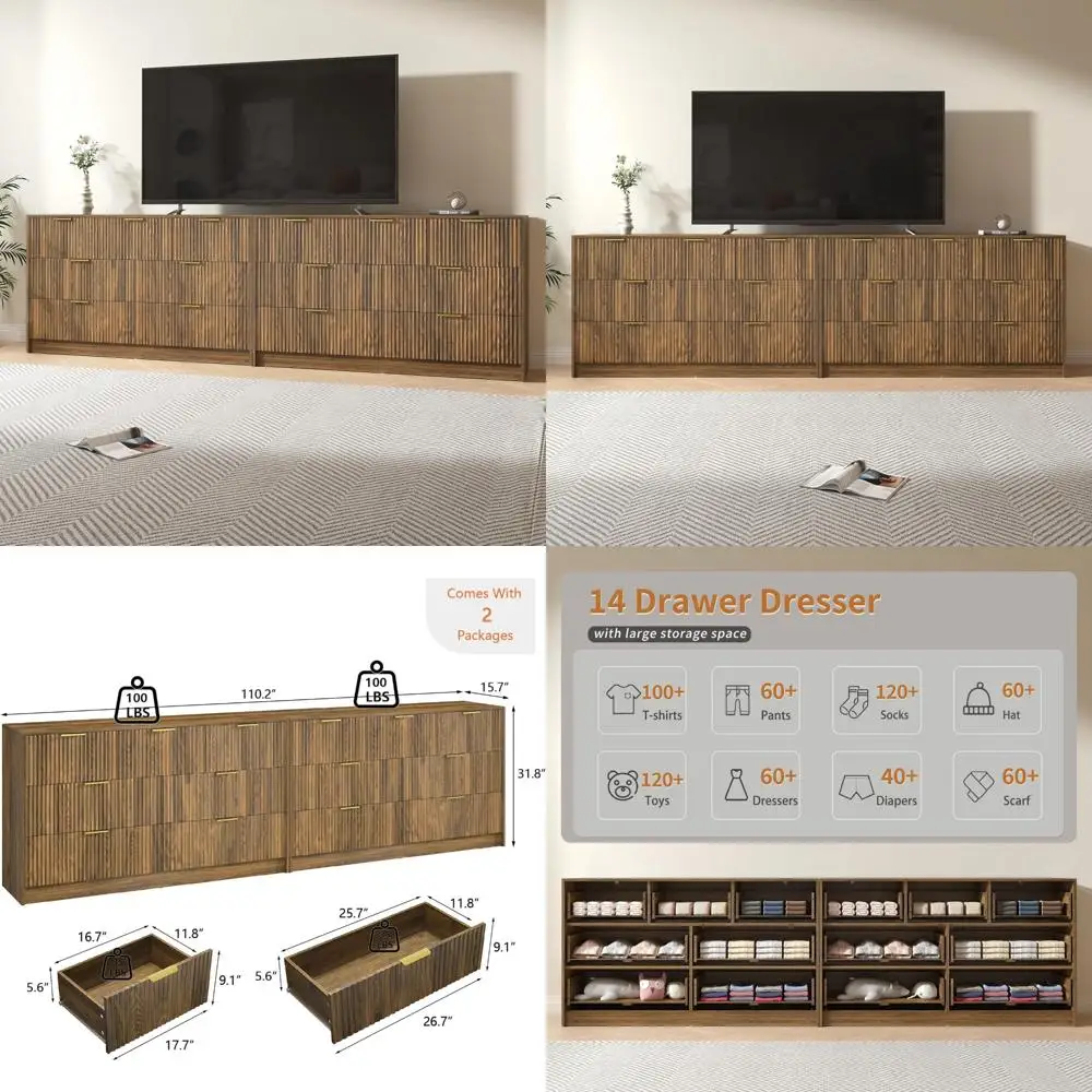 

Пара комодов для спальни из орехового дерева с 14 ящиками, современный рифленый дизайн, деревянная подставка под телевизор, комод