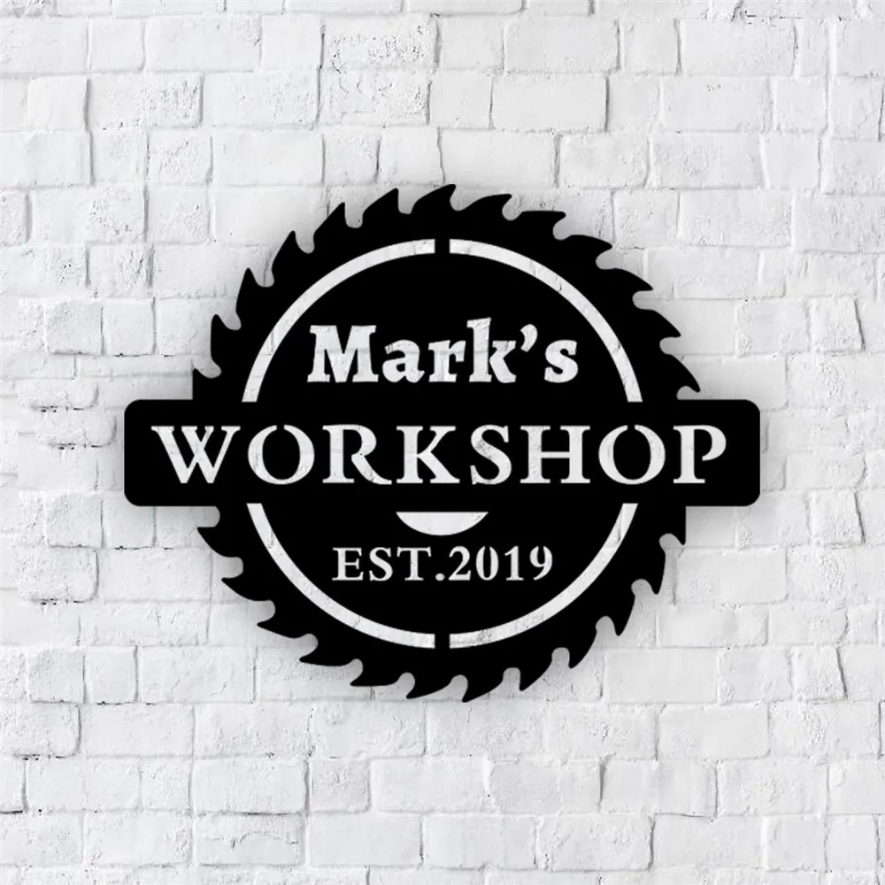 

Personalized Workshop Metal Black Sign In A Saw Blade Custom Vintage Woodworker Plaque Wall Decor for Papa Dad Gift