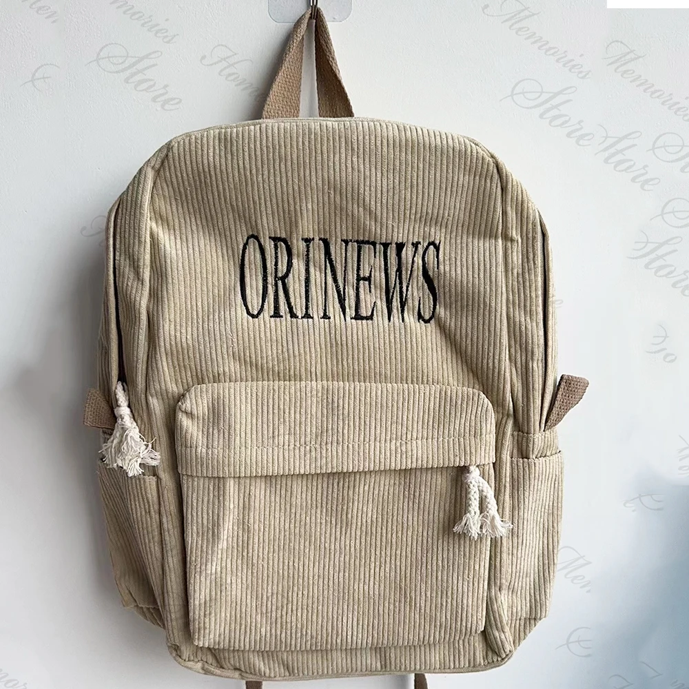 

Solid Color Corduroy Backpack Personalized Embroidered Name High School Large Capacity Schoolbag Boys Girls Outdoor Travel Bags