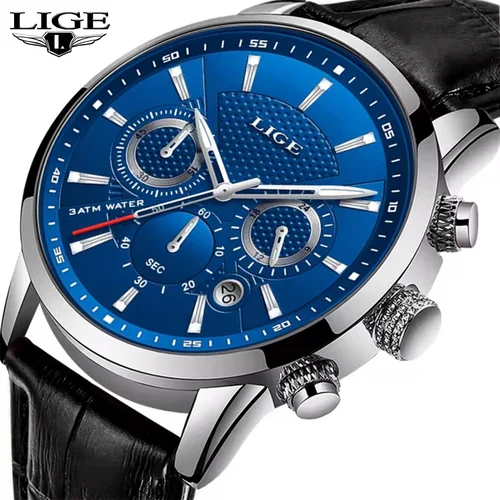 Relojes LIGE de negocios para hombre, reloj deportivo resistente al agua de lujo para hombre, cronógrafo de cuero genuino, reloj de pulsera de cuarzo para hombre, reloj Masculino