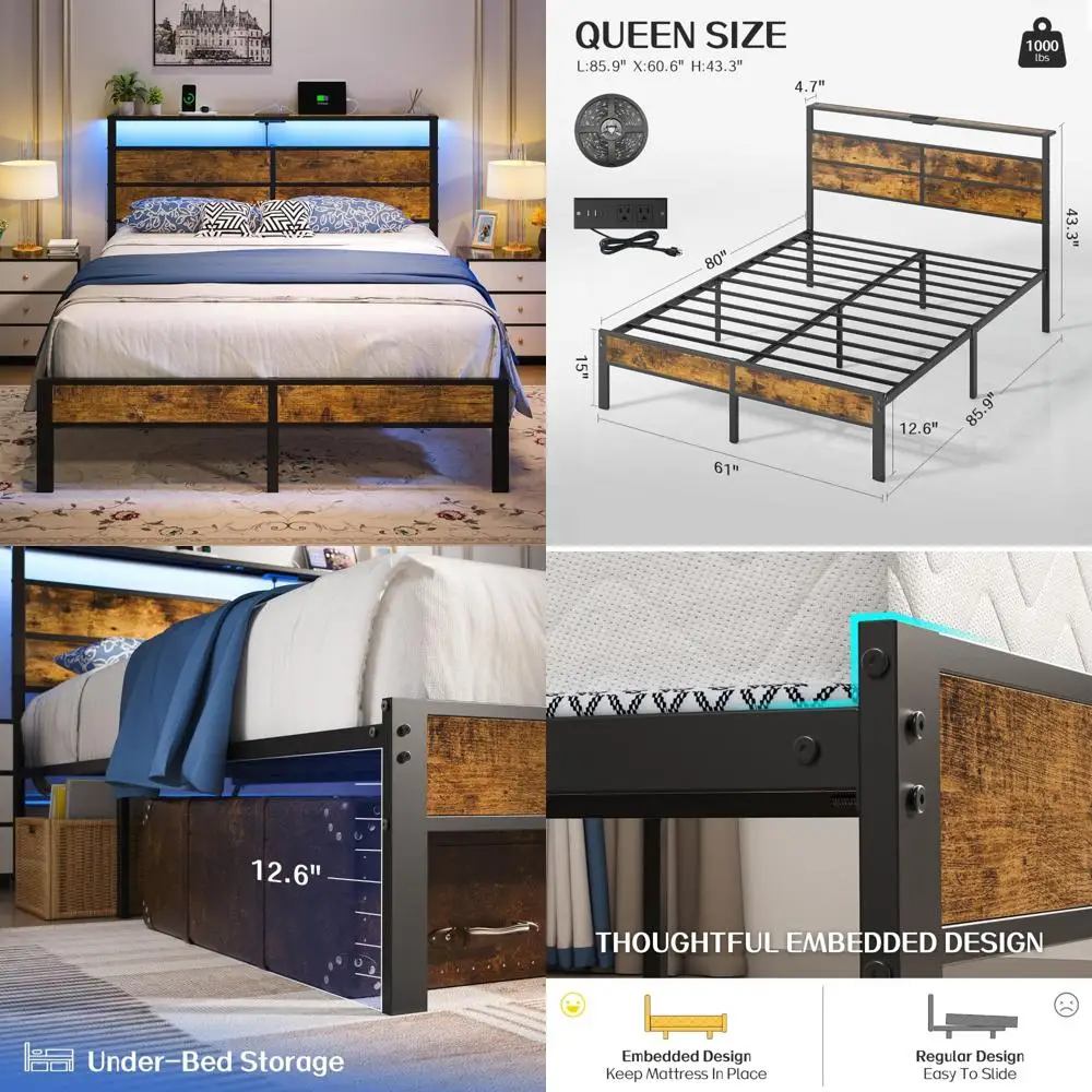 إطار سرير معدني مع منافذ USB، وحدة تخزين اللوح الأمامي، وإضاءة LED، وتصميم صامت، وزنبرك صندوقي غير مطلوب #1