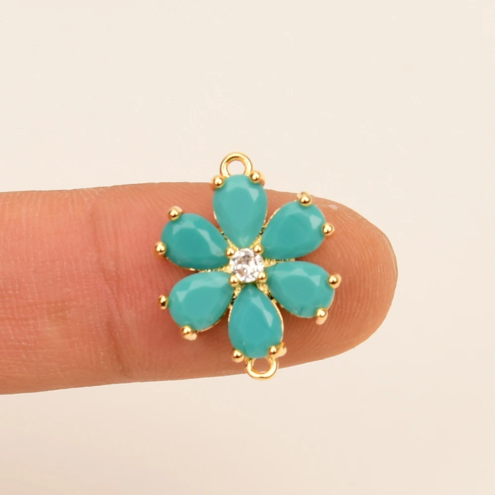 APDGG 10 Pcs 17mm Blue Jade Crystal Paved Flower Gold Plated Bezel Sets Connector Pearl Necklace Pendant Jewelry DIY