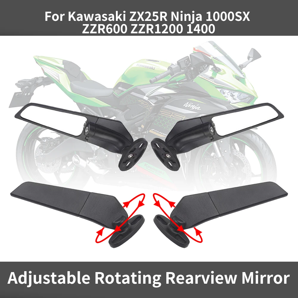 For Kawasaki ZX25R Ninja 1000SX ZZR600 ZZR1200 1400 Mirror Modified Wind Wing Adjustable Rotating Rearview Mirror Moto