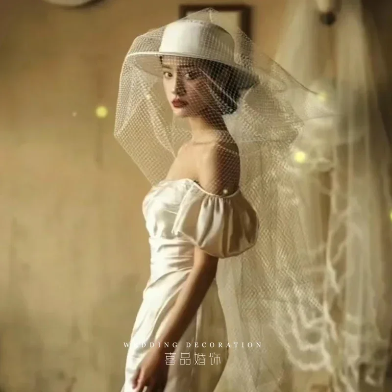 2023 Large White Wedding Hat For Women French Romantic Long Veil Mesh Bride Hat Headdress Church Photo Shooting Hat Headdress