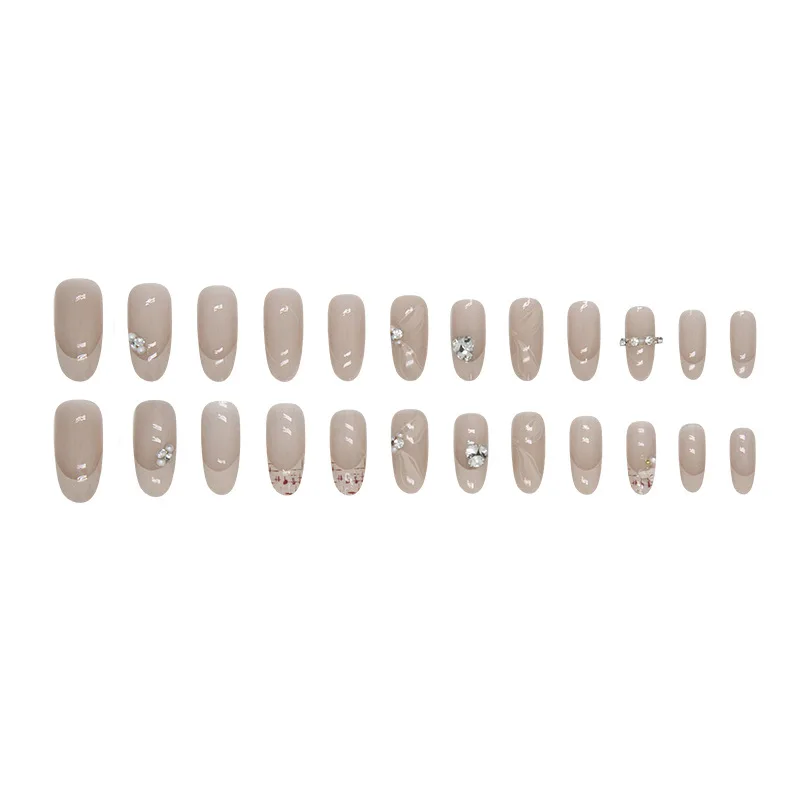 24pcs Oval Sweet Diamond Medium Long Tips for Nails Wedding Bride Press on Nails with Tools Korean Decorated Fingernails Fake