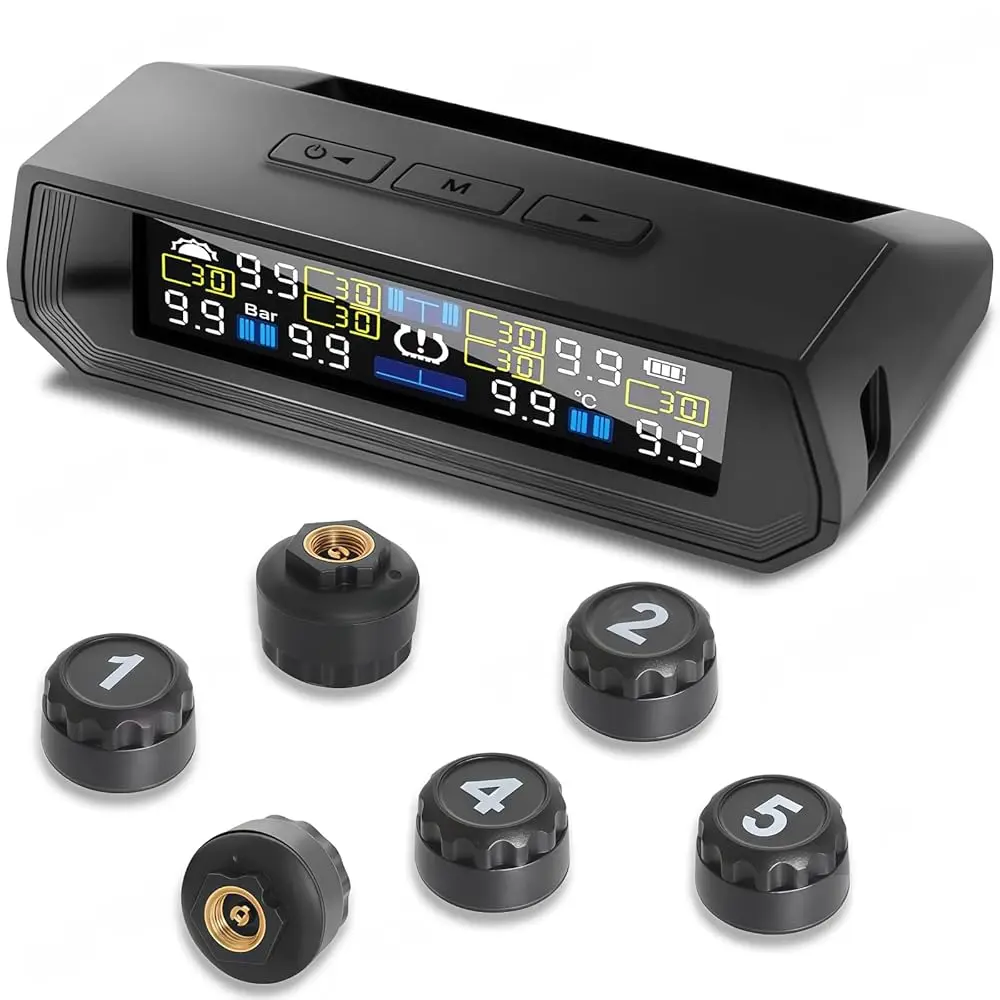 

Tire Pressure Monitoring System,TPMS with Solar and USB Charging Color LCD Display, Voice Prompts, 6 Alarm Modes, 0-87 PSI Ra