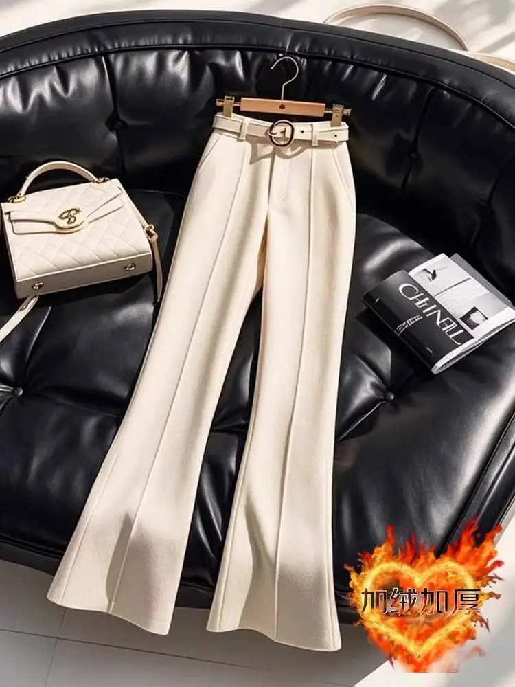 

Женские однотонные тонкие элегантные длинные брюки с высокой талией, осенние новые повседневные модные элитные толстые брюки-клеш