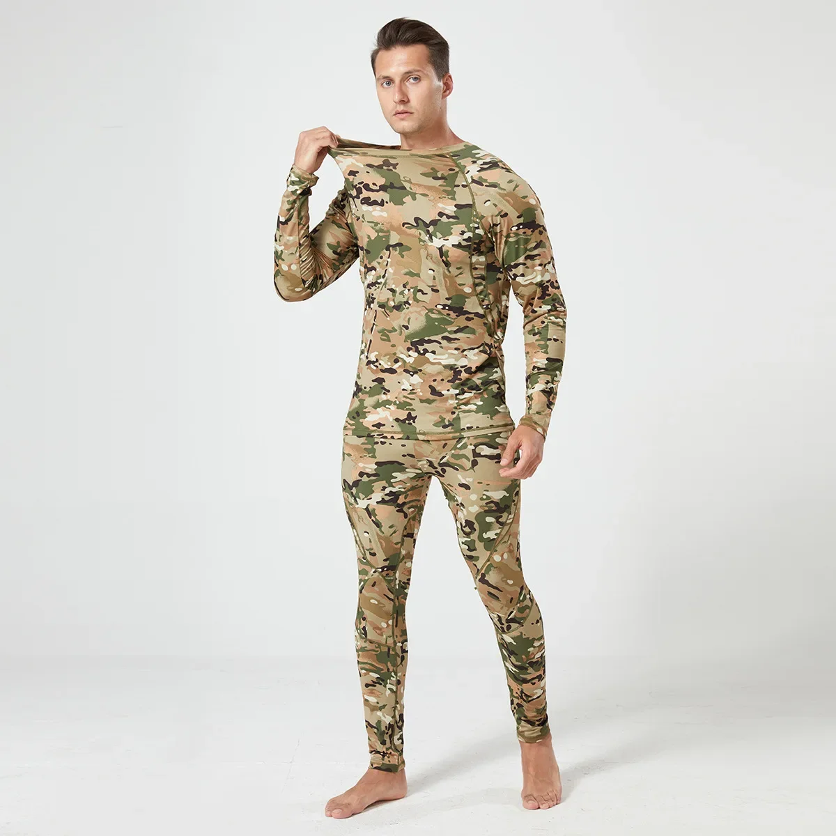 Men's Thermal Fleece Underwear Set for Outdoor Sports Quick Dry Tactical Camo Uniform Winter Training Slim Fit Cycling Tracksuit