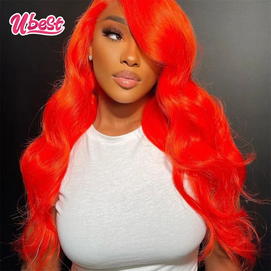 Ubest Wig rambut manusia 13X6 warna merah oranye 613 gelombang tubuh 13x4 Wig rambut manusia depan renda transparan untuk wanita