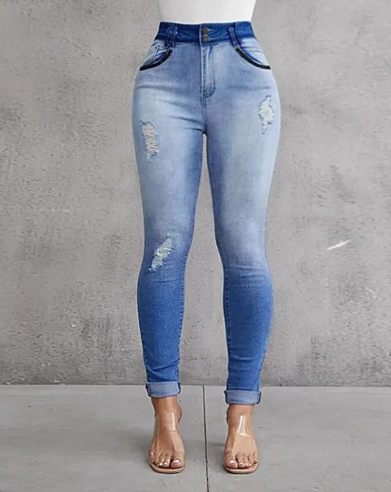 Zip Fly Ombre Ripped Skinny Jeans Women Slim Denim Pants Jeans Fashion Casual Summer Spring