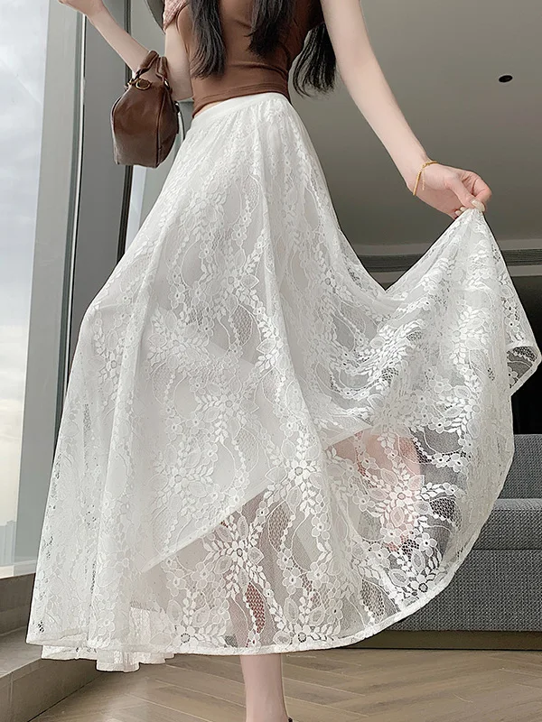 

Elegant Heavy Embroidery Lace Hollow out A-Line Skirt Women's Summer 2026 New Style Long Skirt Korean Style High Waist Polyes...
