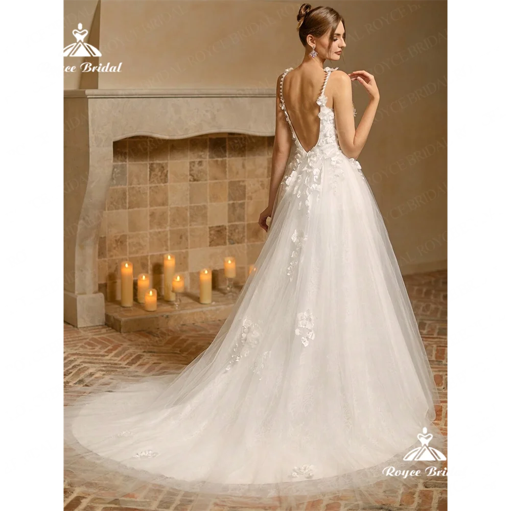 Roycebridal-vestido de novia acampanado con cuello en V, traje de boda con abertura lateral de encaje, corte en tren, 2025