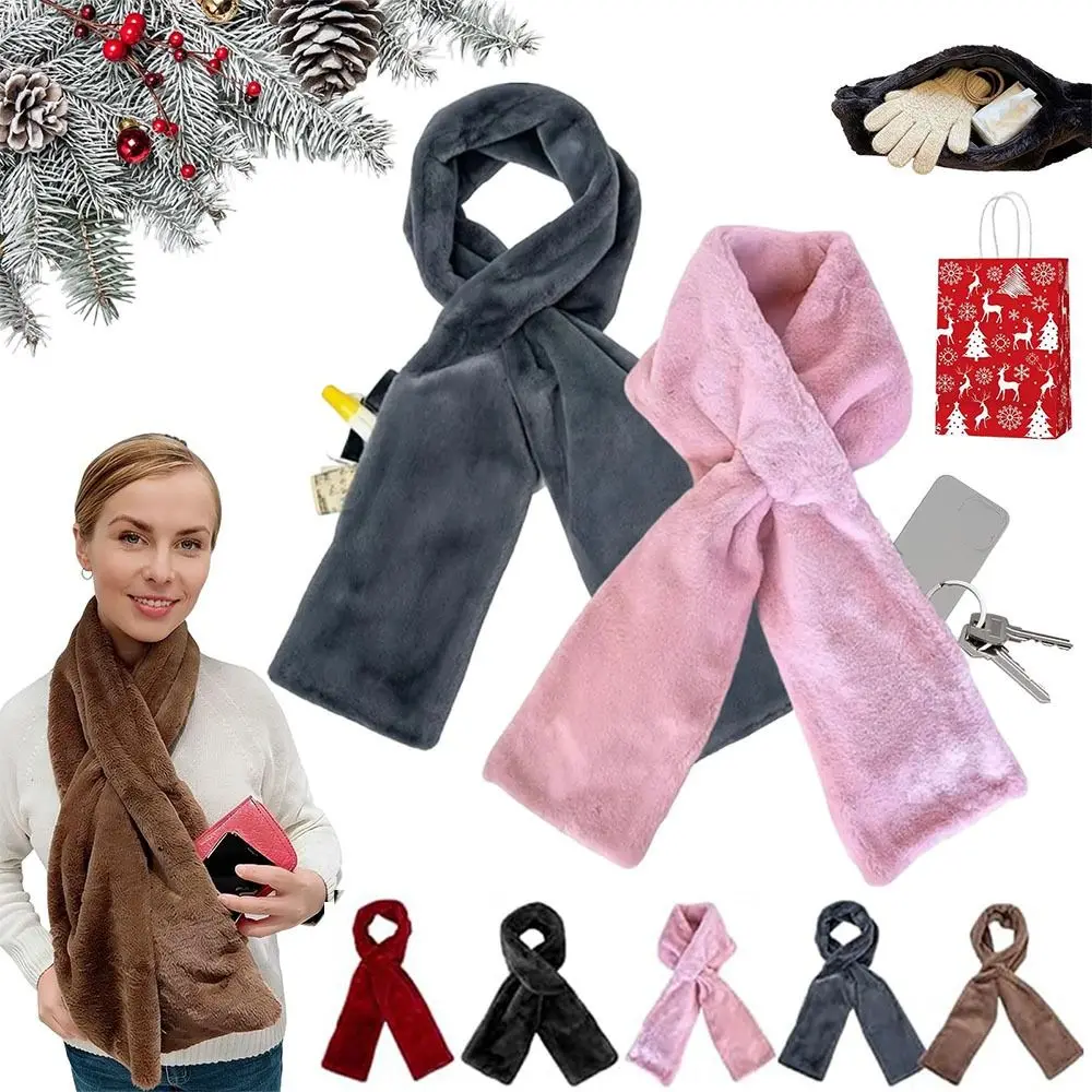

Cozy With Hidden Zipper Pocket Faux Fur Scarf Warm Soft Cross Neck Scarf Scarves Unisex