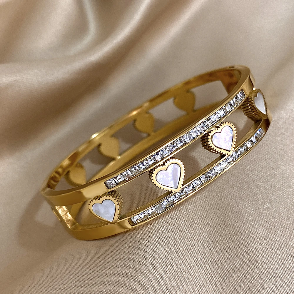 New Stainless Steel Bracelets For Women Men Inlaid Zircon Shell Heart Flower Devil\'s Eye Bangle Bracelet Jewelry Waterproof