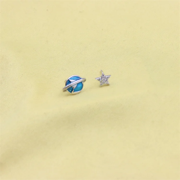 ZFSILVER  Sterling s925 Silver Asymmetric Blue Space Planet Star Earring For Women Charm Accessories Wedding Jewelry Gift