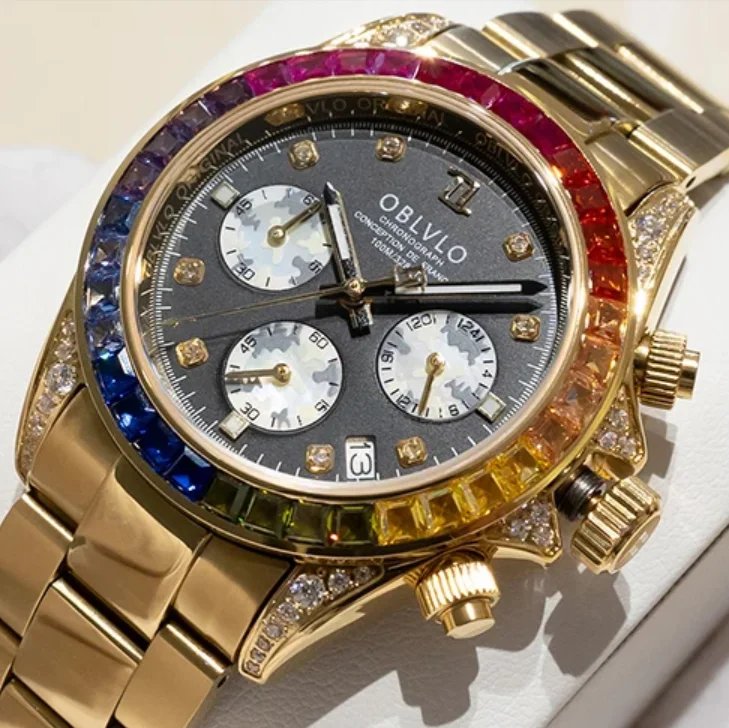 OBLVLO Männer Chronograph Uhr 40mm Luxus Quarz Armbanduhr 5ATM Wasserdicht Saphir Leucht Triple Windows Kristall Lünette