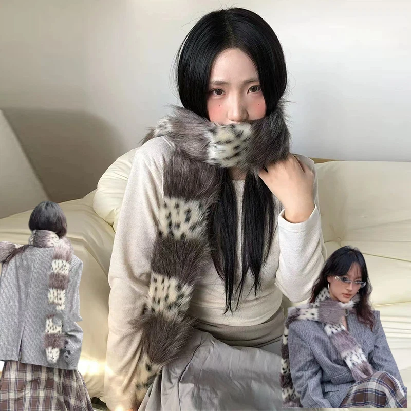 

Плюшевый шарф с леопардовым принтом, зимний теплый нишевый шарф для девочек, узкий плюшевый женский шарф, глушитель, зимние аксессуары
