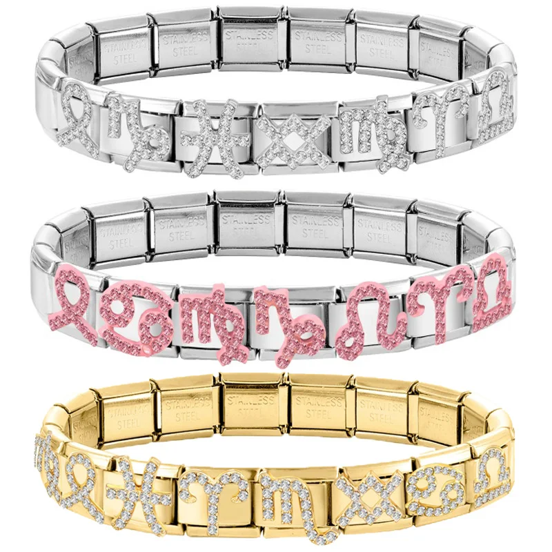 Fashion Zircon Creative 12 Zodiac Constellation Charm Italian Links Fit 9mm Stainless Steel Bracelet DIY Making Gift Wholesale