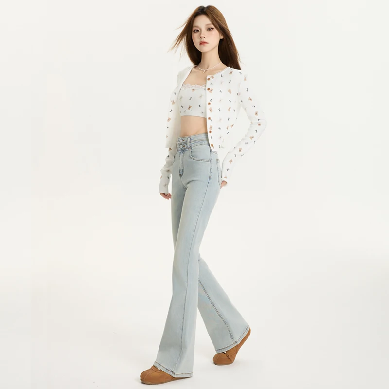 High Waist  Women's Light Blue Waist Flared Jeans Distred Cotton Stretch Denim Zipper Wear  Fall Faion Y2K Comfortable and Slim